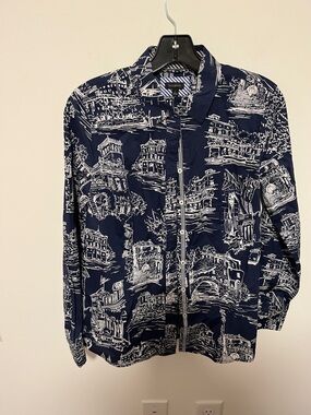 Talbots Navy & White Zip-Front Scenic Print Shirt